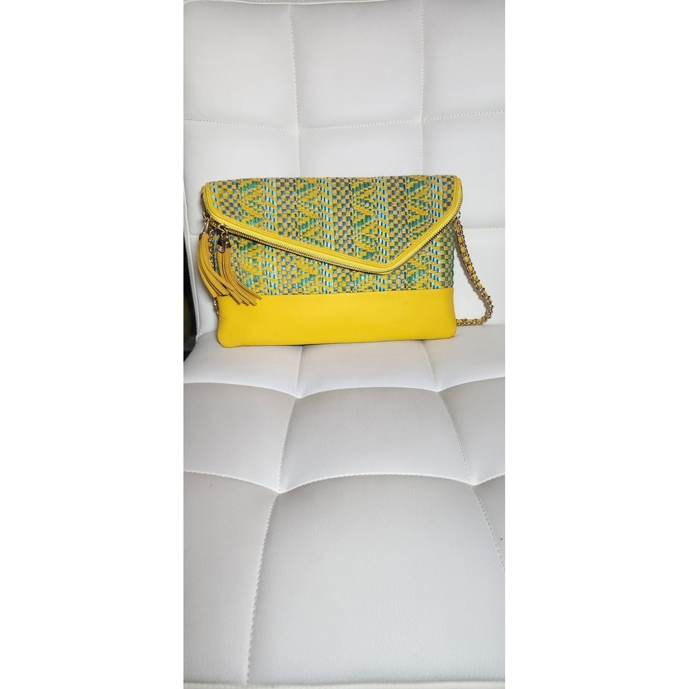 Henri Bendel Yellow Woven Leather Foldover Clutch Crossbody Bag Tassel